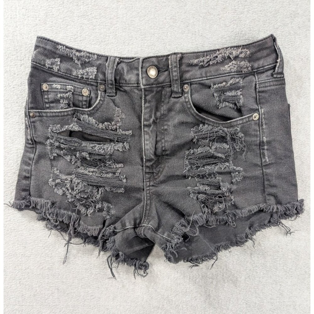 American Eagle Denim Shorts Womens SZ 2 Black Cut Off Distressed Whislkers